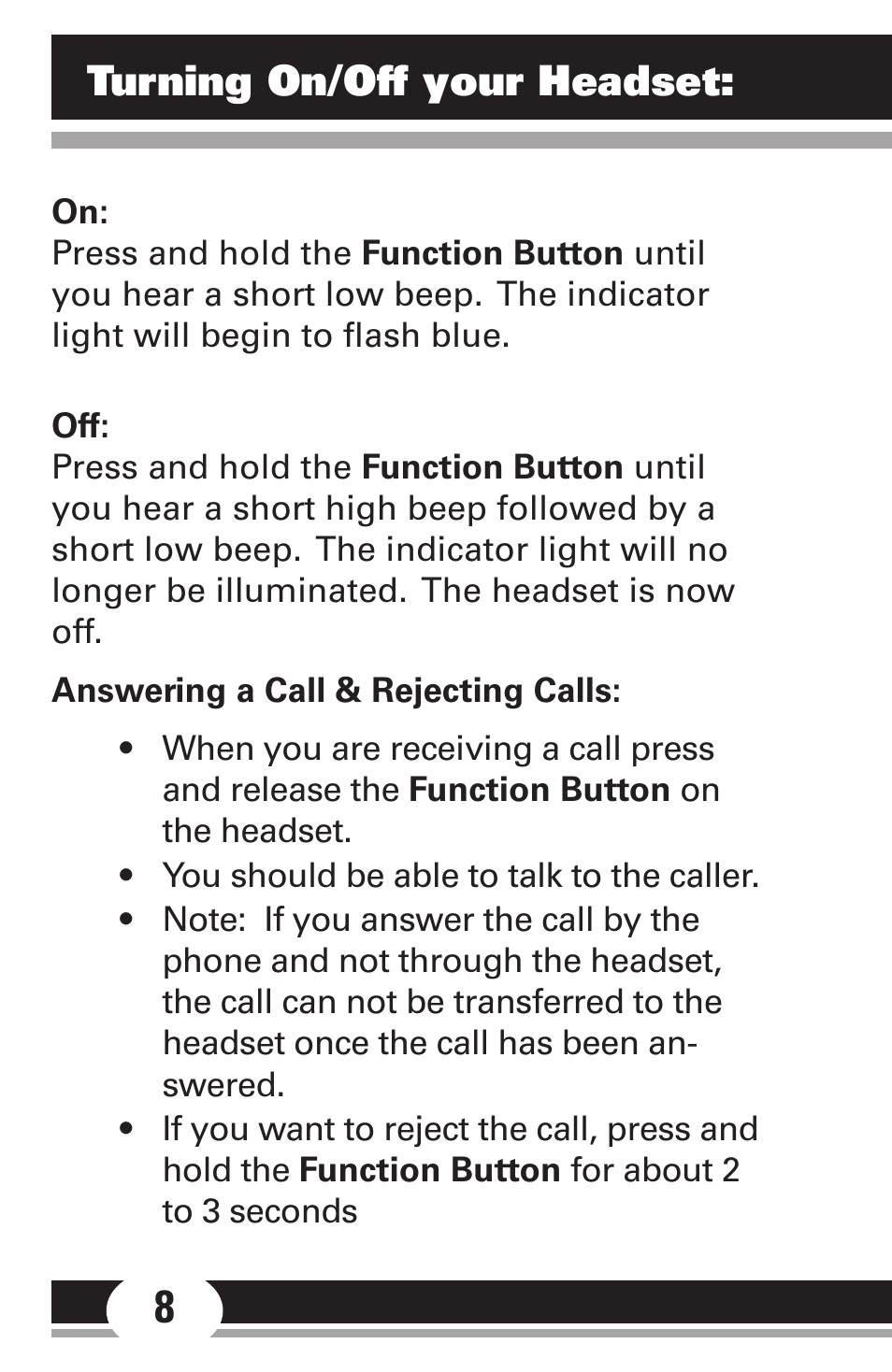 Turning on/off your headset | GE 86712 GE Bluetooth Headset User Manual | Page 8 / 23