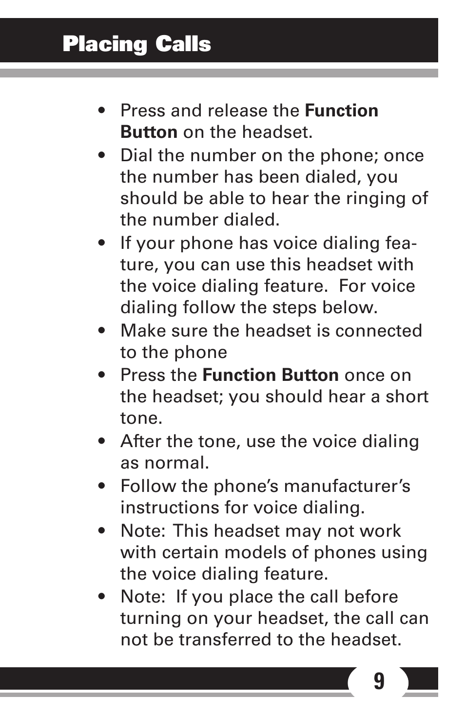 Placing calls | GE 86712 GE Bluetooth Headset User Manual | Page 9 / 23