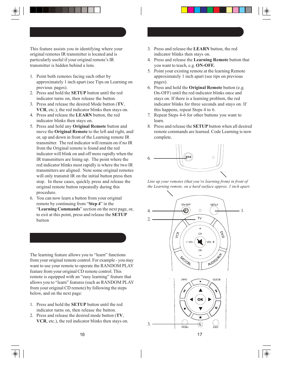 Learning commands, Ir transmitter finder feature, Learning commands, cont | GE RM24950 User Manual | Page 9 / 11