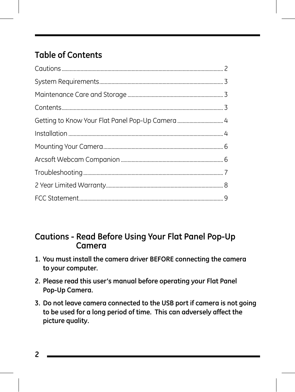 GE 98656 GE Flat Panel Pop-Up Camera User Manual | Page 2 / 10