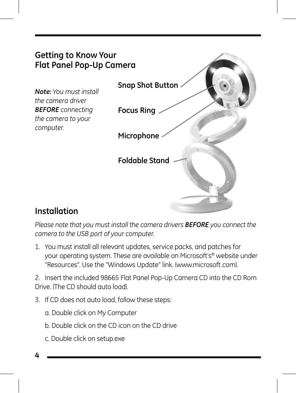 Getting to know your flat panel pop-up camera, Installation | GE 98656 GE Flat Panel Pop-Up Camera User Manual | Page 4 / 10