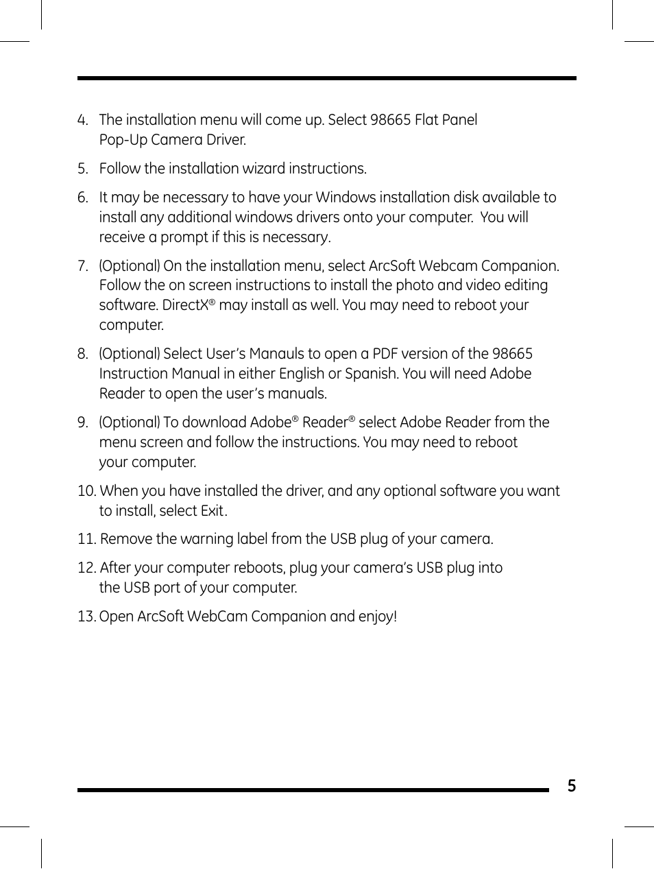 GE 98656 GE Flat Panel Pop-Up Camera User Manual | Page 5 / 10