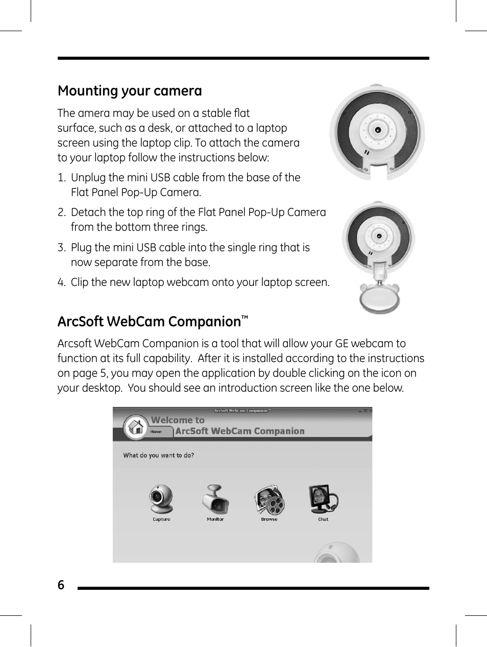 Mounting your camera, Arcsoft webcam companion | GE 98656 GE Flat Panel Pop-Up Camera User Manual | Page 6 / 10