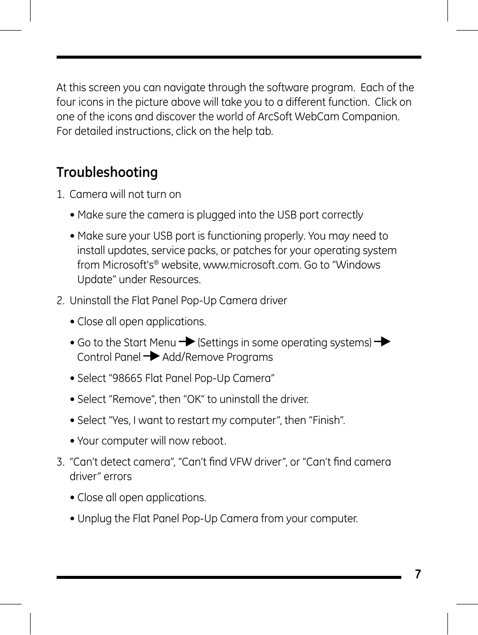 Troubleshooting | GE 98656 GE Flat Panel Pop-Up Camera User Manual | Page 7 / 10