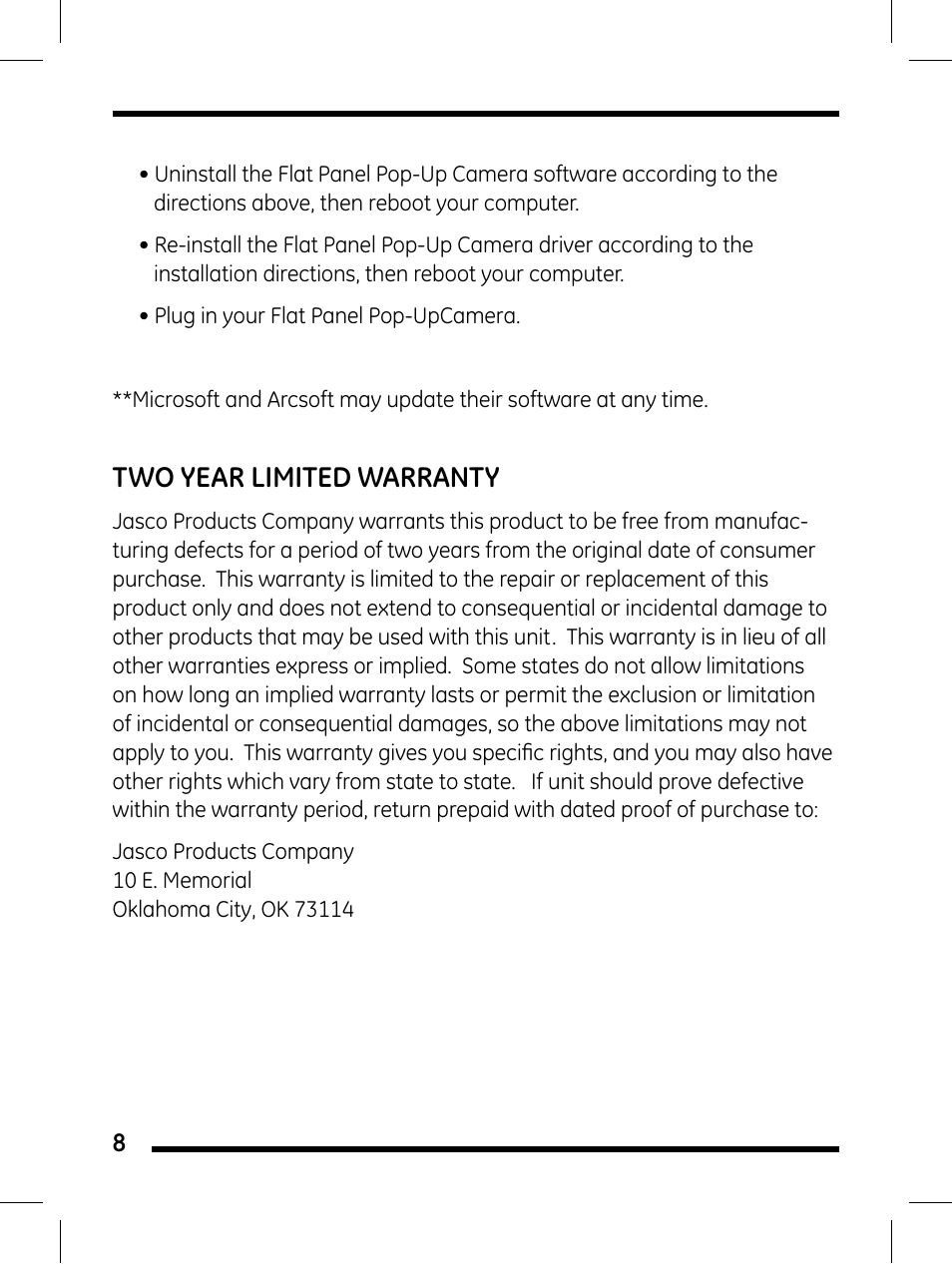 Two year limited warranty | GE 98656 GE Flat Panel Pop-Up Camera User Manual | Page 8 / 10