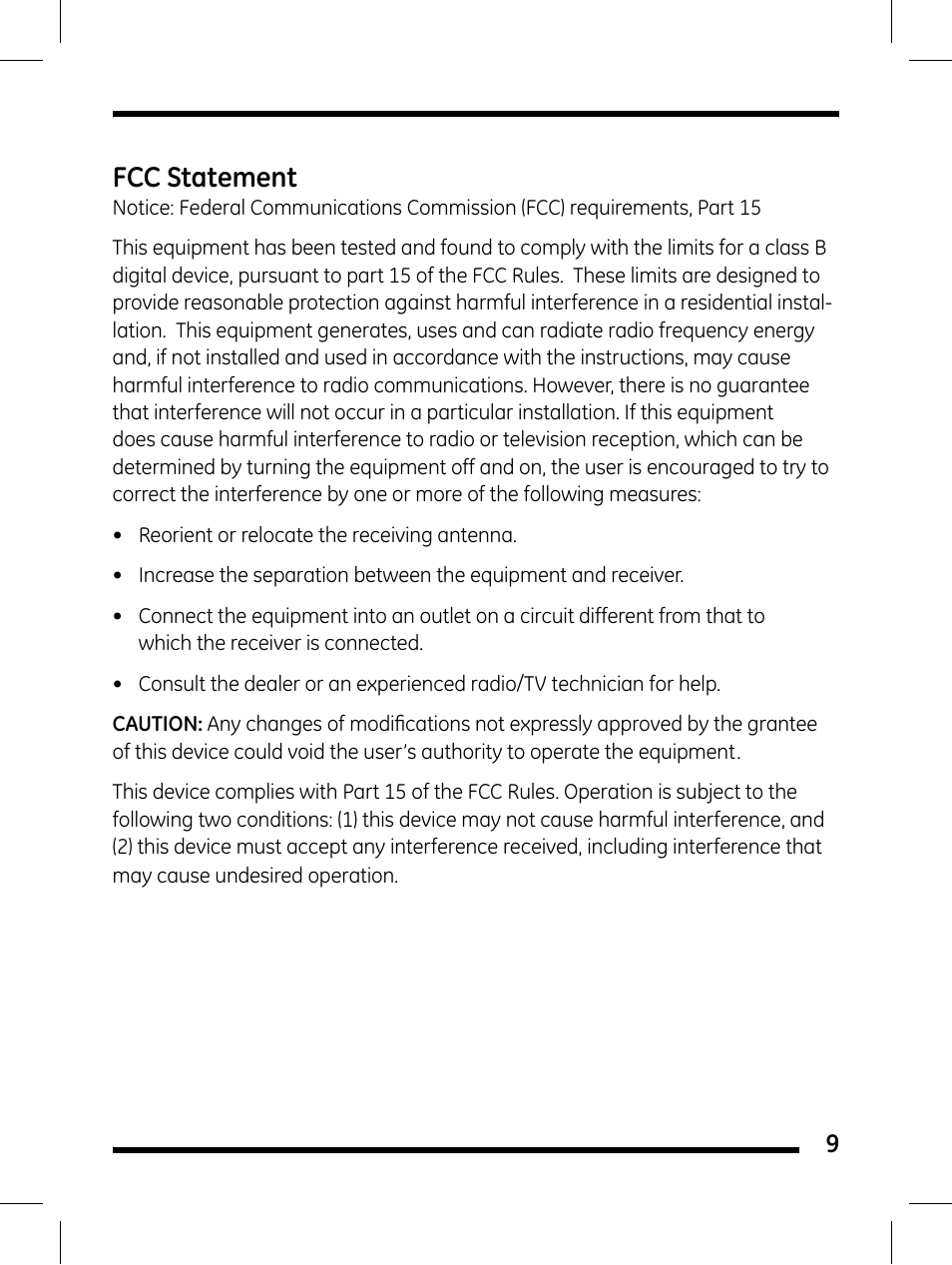 Fcc statement | GE 98656 GE Flat Panel Pop-Up Camera User Manual | Page 9 / 10