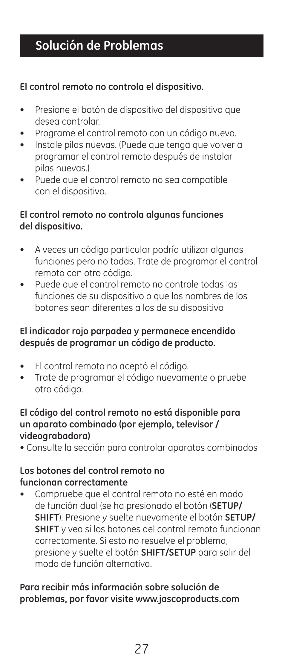 Solución de problemas | Jasco 24991 User Manual | Page 27 / 44