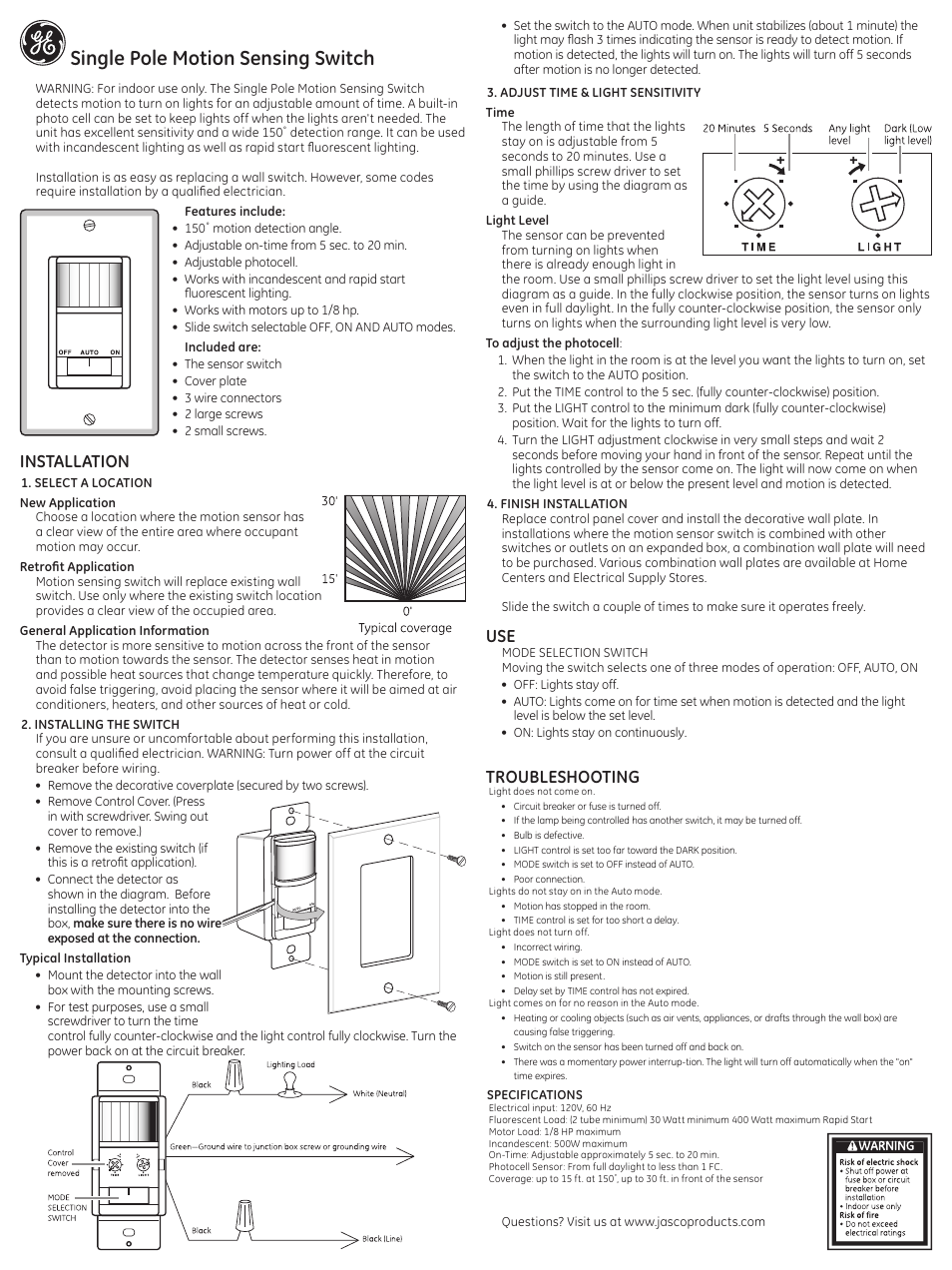 GE 57885 GE Motion Sensing Single Pole Switch White User Manual | 2 pages