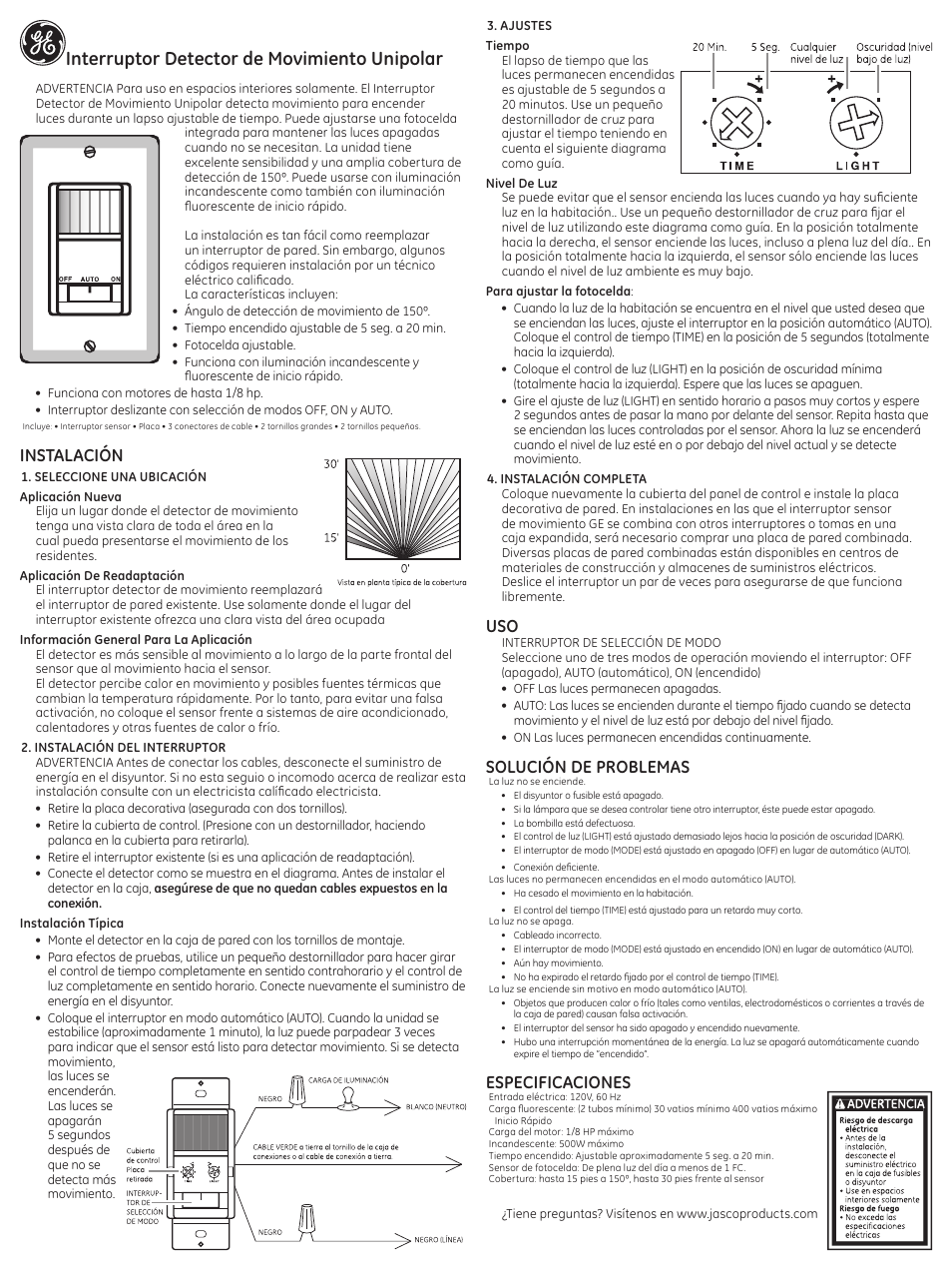 Interruptor detector de movimiento unipolar, Instalación, Solución de problemas | Especificaciones | GE 57885 GE Motion Sensing Single Pole Switch White User Manual | Page 2 / 2