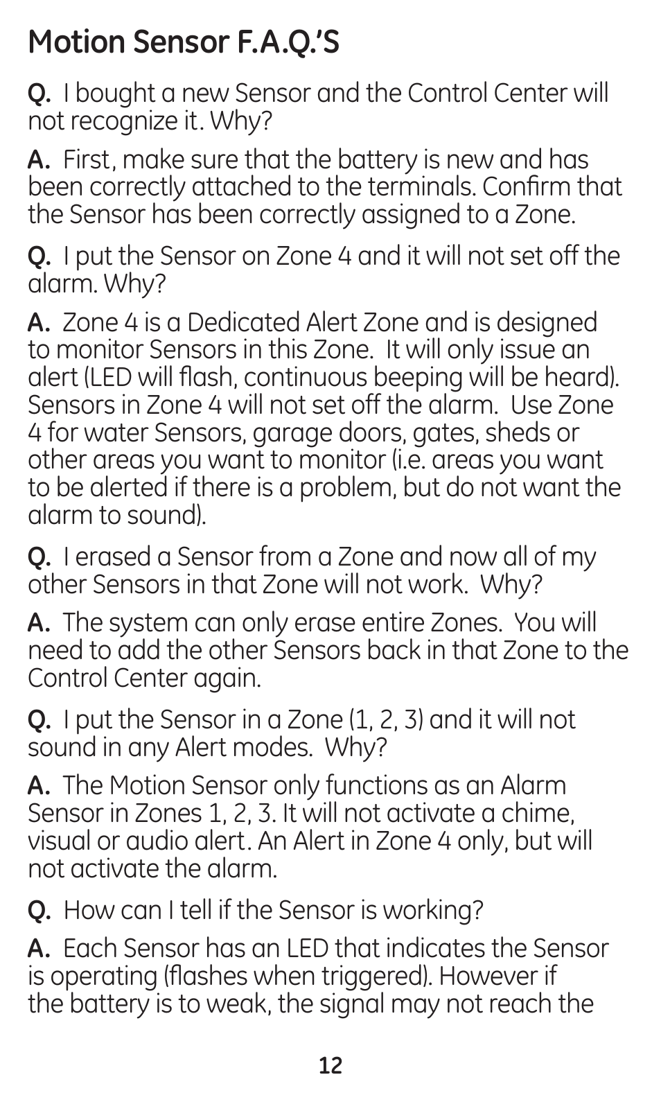 Motion sensor f.a.q.’s | GE 45132 GE Choice Alert Motion Sensor User Manual | Page 12 / 16