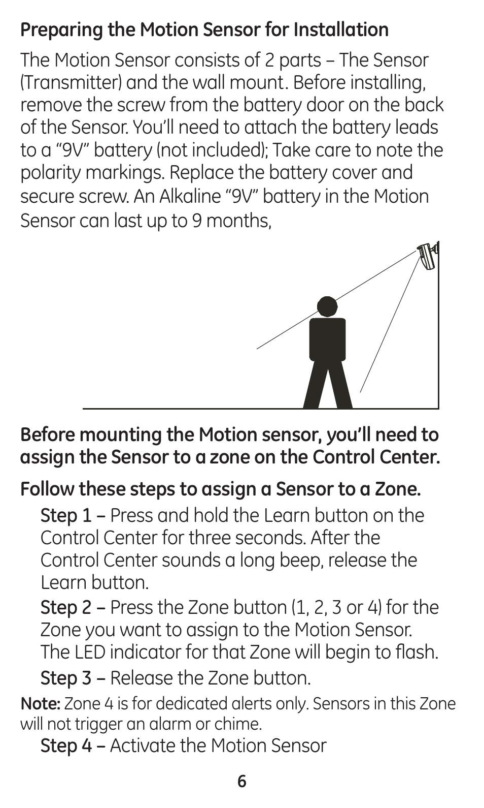 Step 4 – activate the motion sensor, Detecting area: (unit = meter) | GE 45132 GE Choice Alert Motion Sensor User Manual | Page 6 / 16