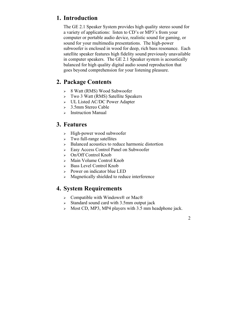 Introduction, Package contents, Features | System requirements | GE 98903 GE 2.1 Speaker System User Manual | Page 2 / 5