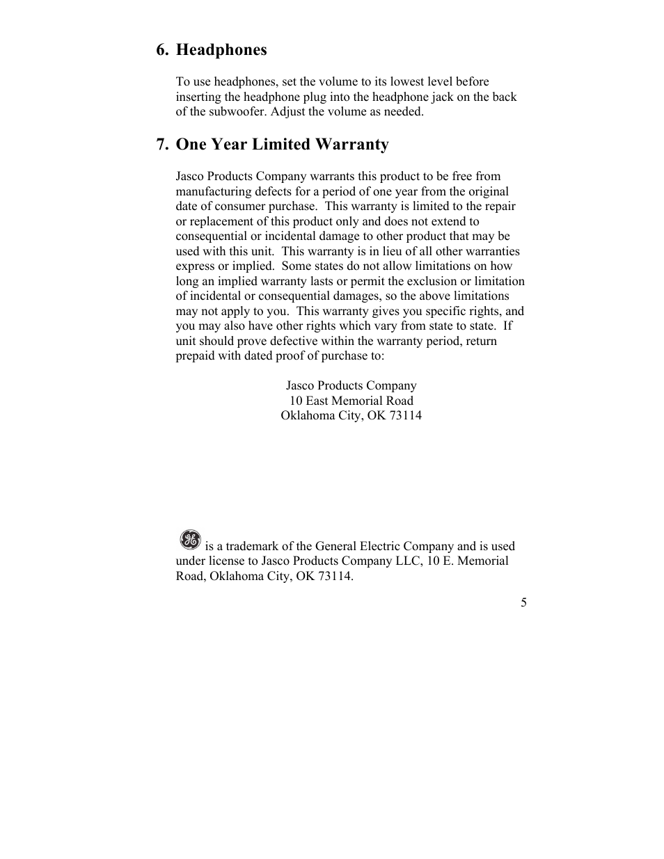 Headphones, One year limited warranty | GE 98903 GE 2.1 Speaker System User Manual | Page 5 / 5
