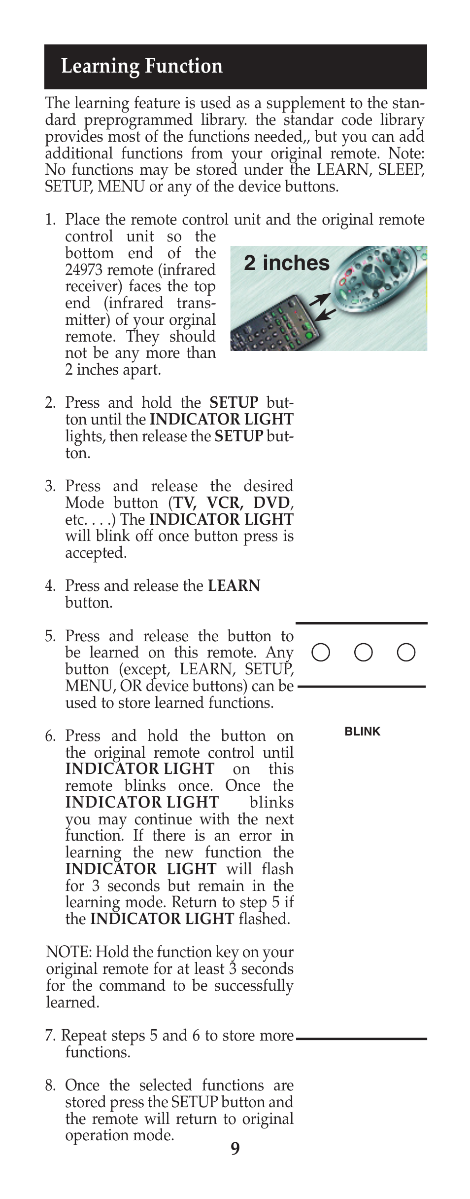 Learning function, 2 inches | GE RM24973 User Manual | Page 10 / 28