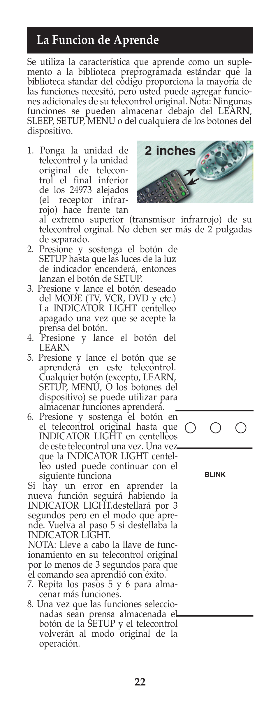 La funcion de aprende, 2 inches | GE RM24973 User Manual | Page 23 / 28