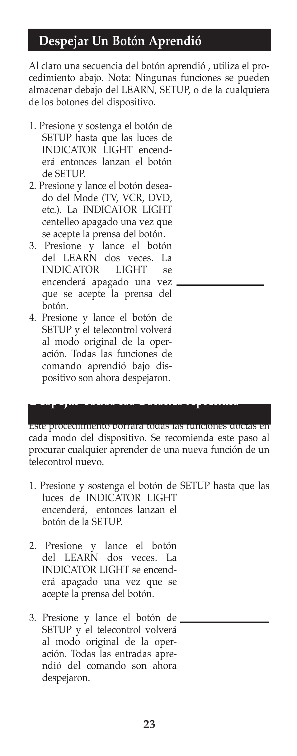 Despejar un botón aprendió, Despejar todos los botones aprendió | GE RM24973 User Manual | Page 24 / 28