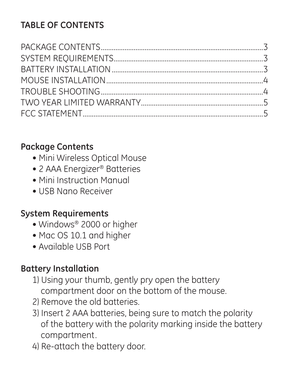 GE 98548 GE Wireless Mini Optical Mouse with USB Nano Receiver User Manual | Page 2 / 5