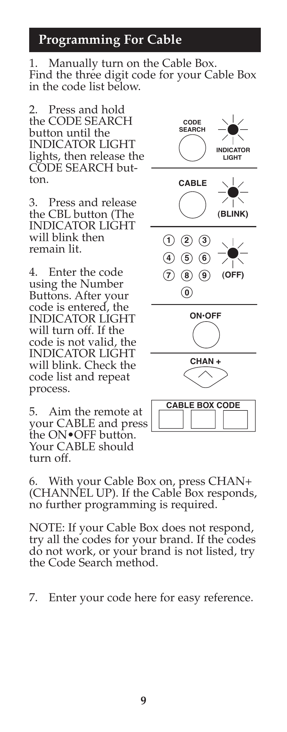 Programming for cable | GE 94925 GE Universal Remote User Manual | Page 10 / 37