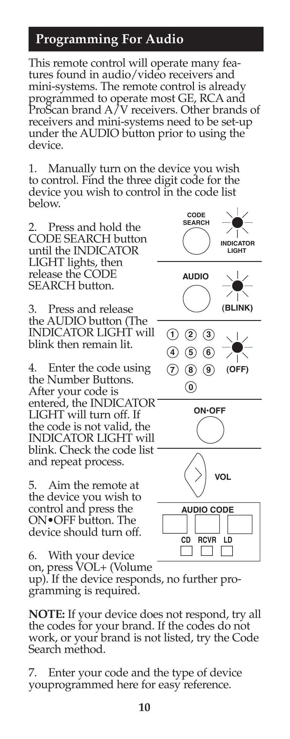 Programming for audio | GE 94925 GE Universal Remote User Manual | Page 11 / 37