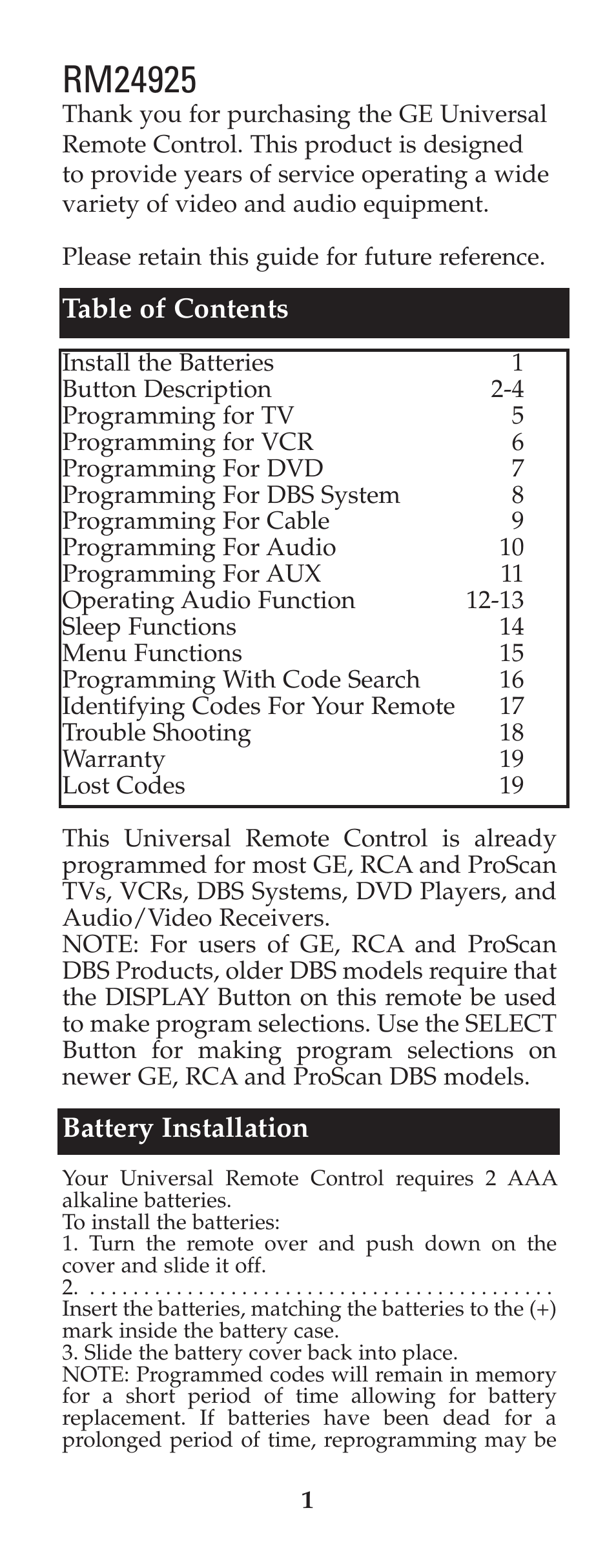 GE 94925 GE Universal Remote User Manual | Page 2 / 37