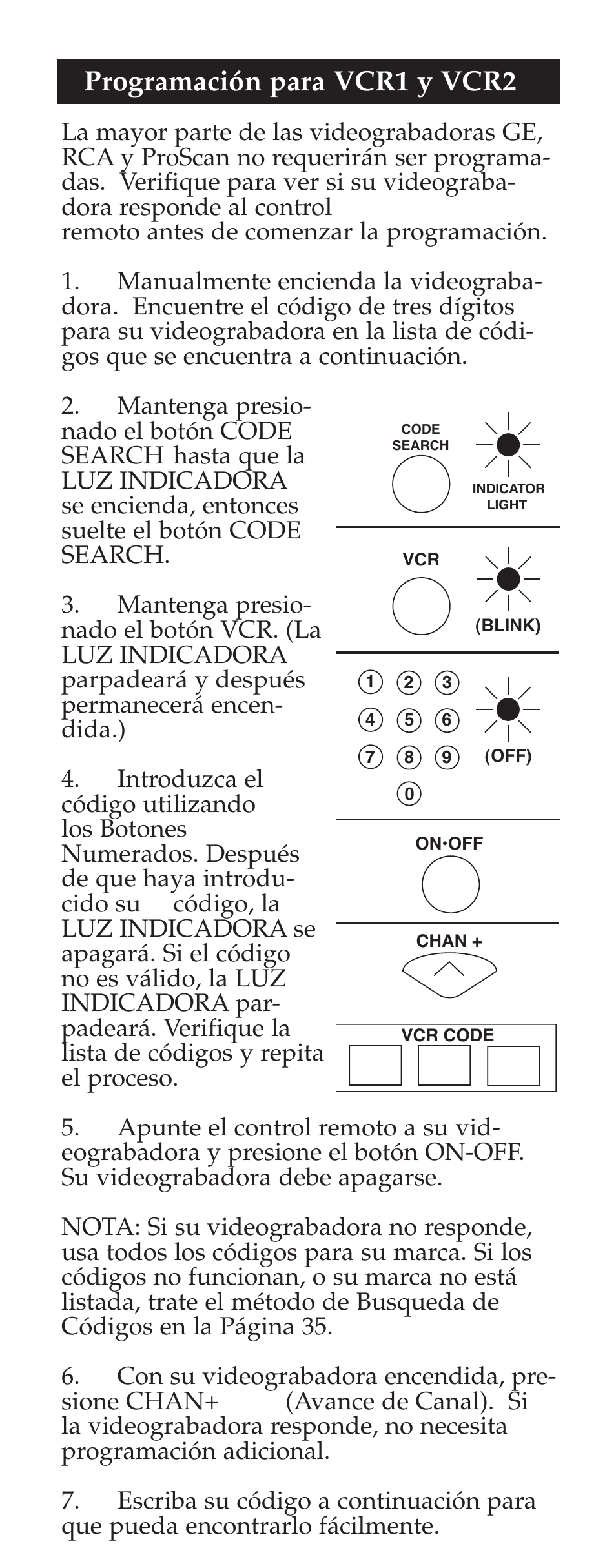 Programación para vcr1 y vcr2 | GE 94925 GE Universal Remote User Manual | Page 27 / 37