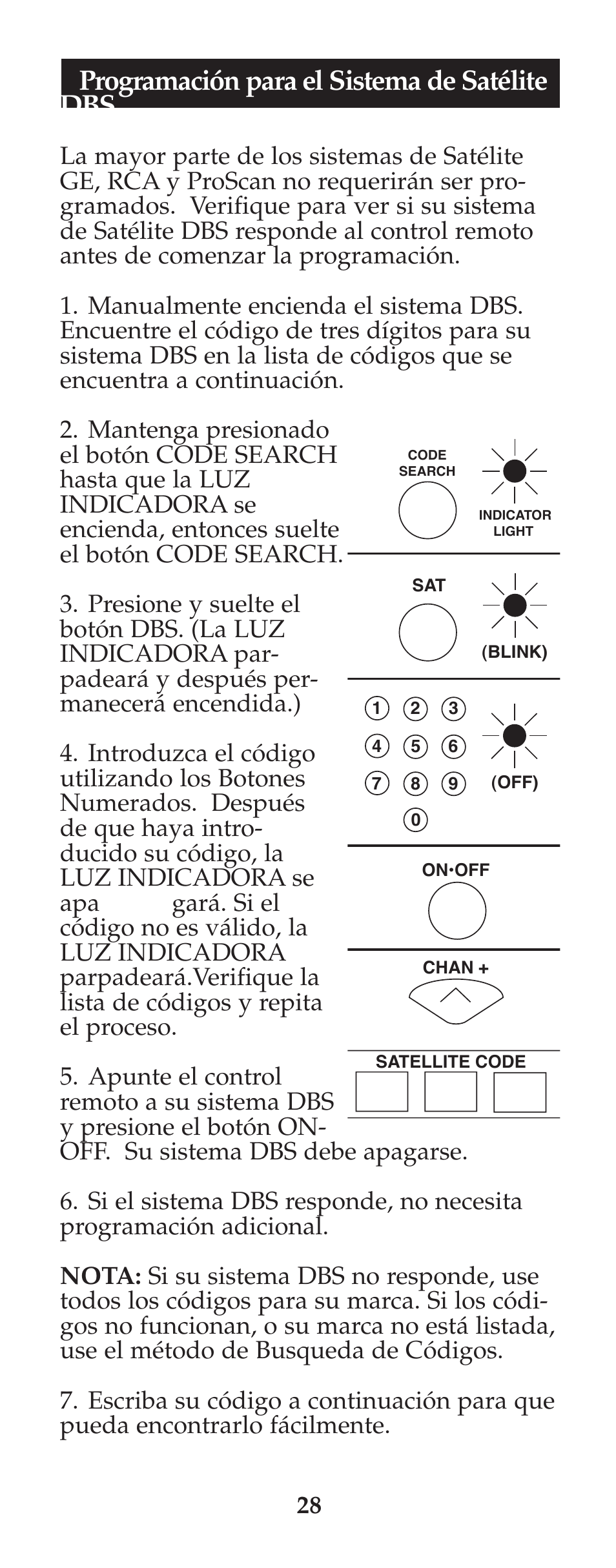Programación para el sistema de satélite dbs | GE 94925 GE Universal Remote User Manual | Page 29 / 37