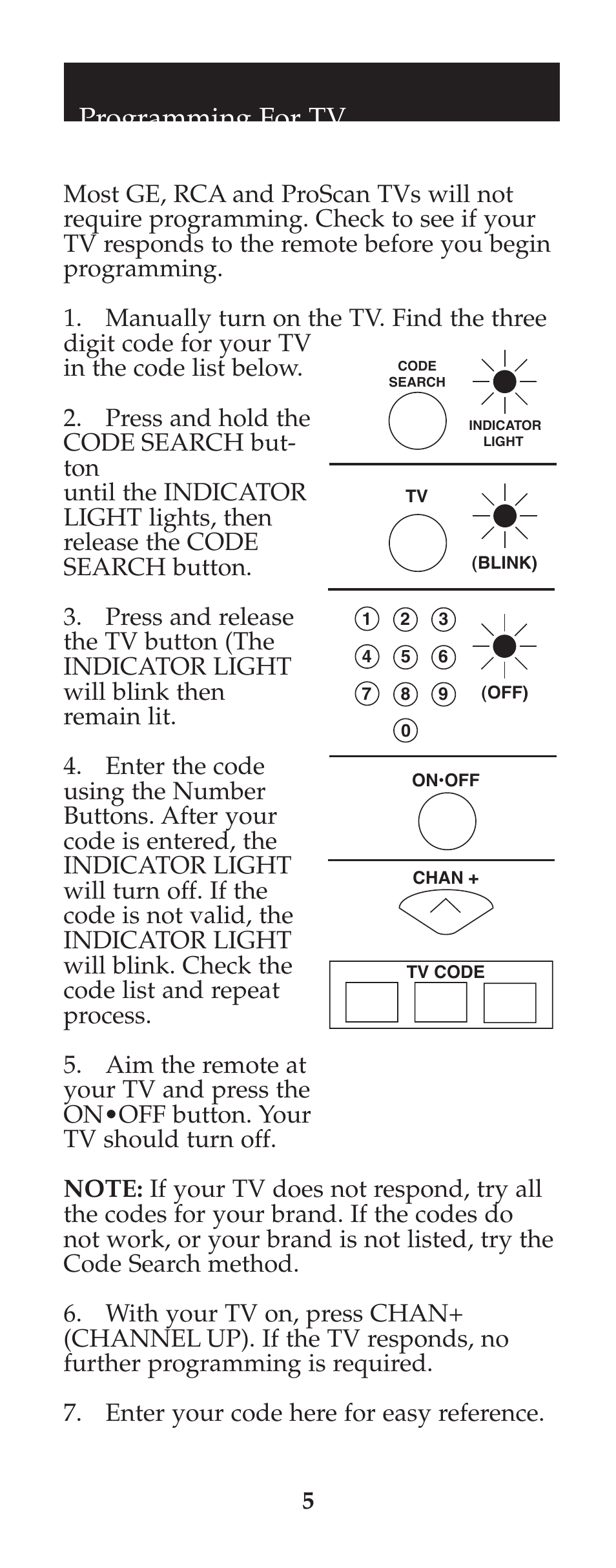 Programming for tv | GE 94925 GE Universal Remote User Manual | Page 6 / 37