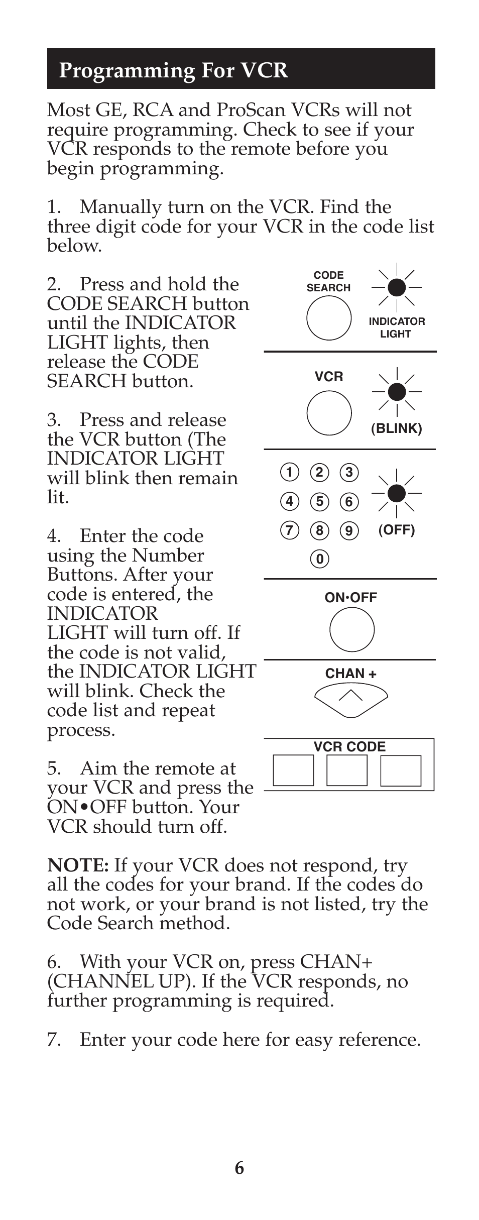 Programming for vcr | GE 94925 GE Universal Remote User Manual | Page 7 / 37