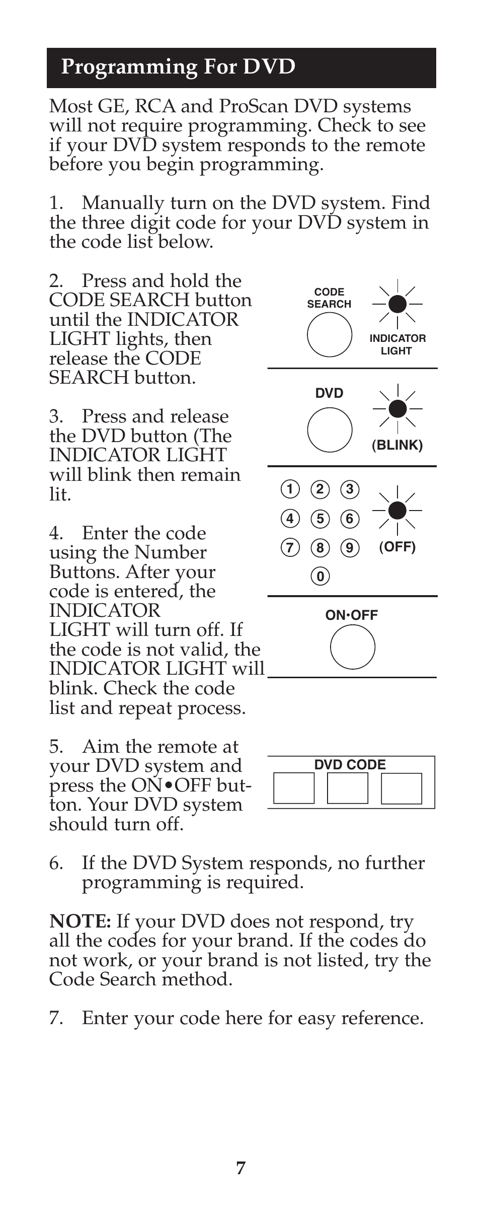 Programming for dvd | GE 94925 GE Universal Remote User Manual | Page 8 / 37