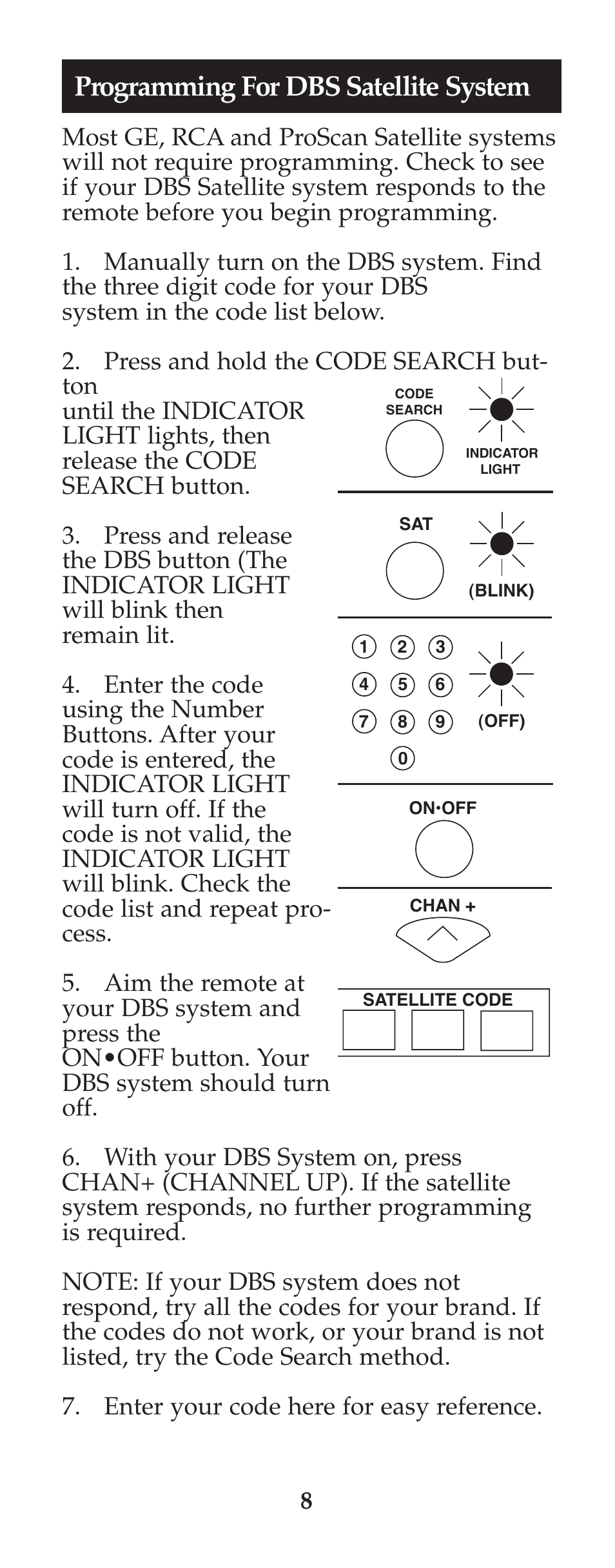 Programming for dbs satellite system | GE 94925 GE Universal Remote User Manual | Page 9 / 37