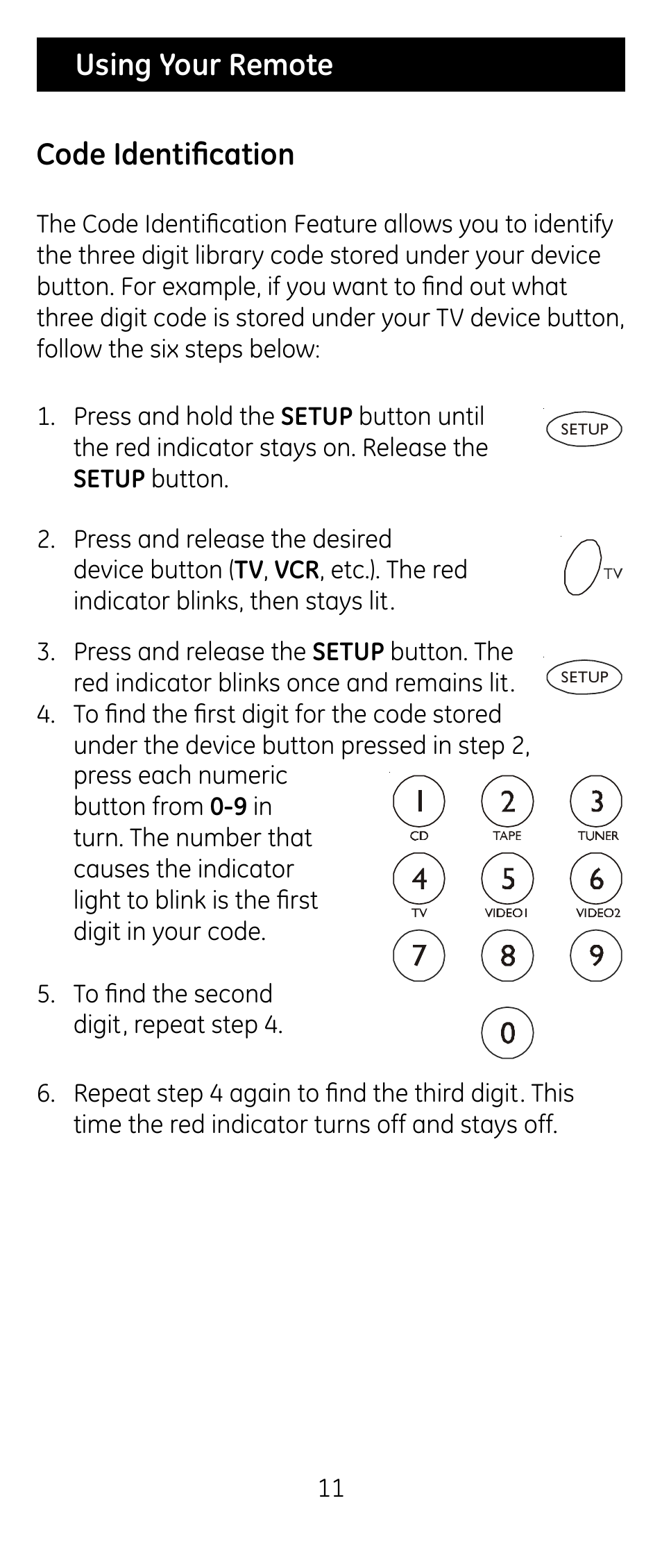 Using your remote code identification | GE RM24974 User Manual | Page 11 / 31
