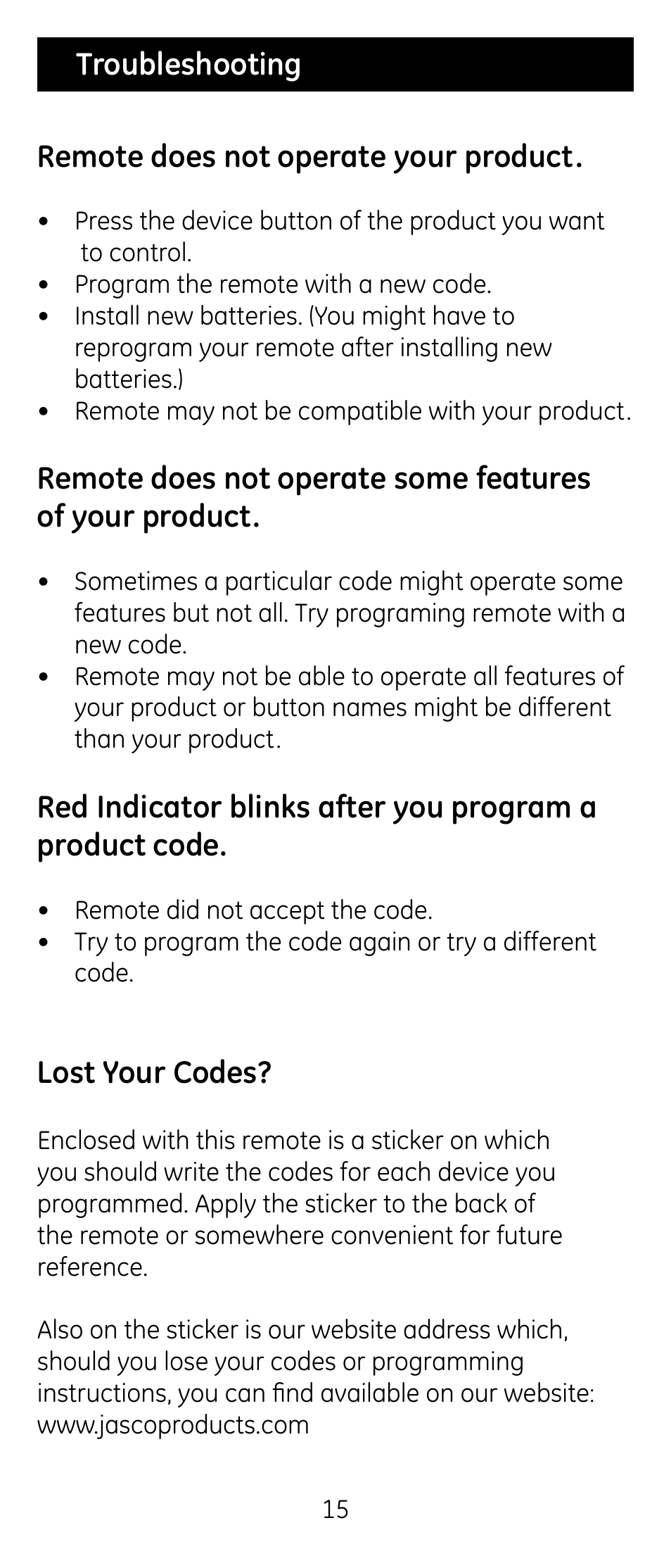 Remote does not operate your product, Lost your codes, Troubleshooting | GE RM24974 User Manual | Page 15 / 31