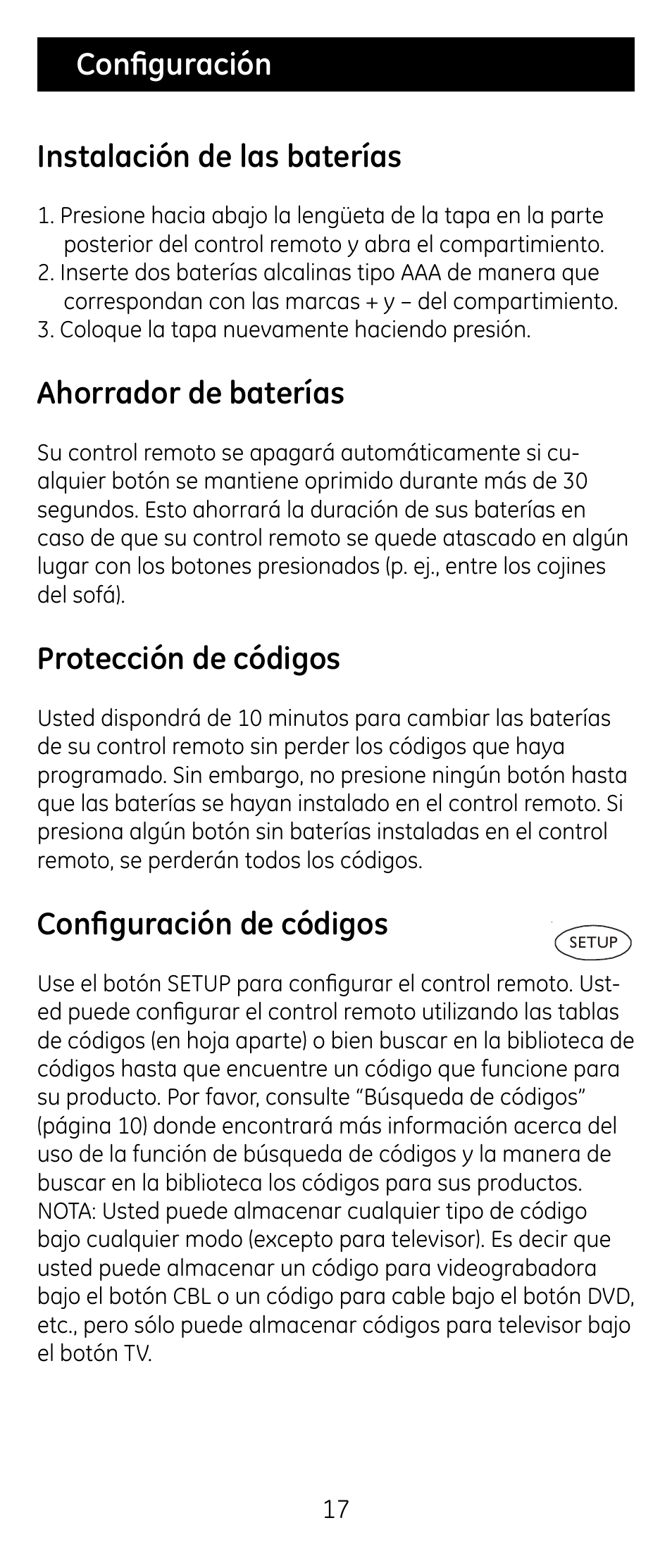 Configuración, Instalación de las baterías, Ahorrador de baterías | Protección de códigos, Configuración de códigos | GE RM24974 User Manual | Page 17 / 31