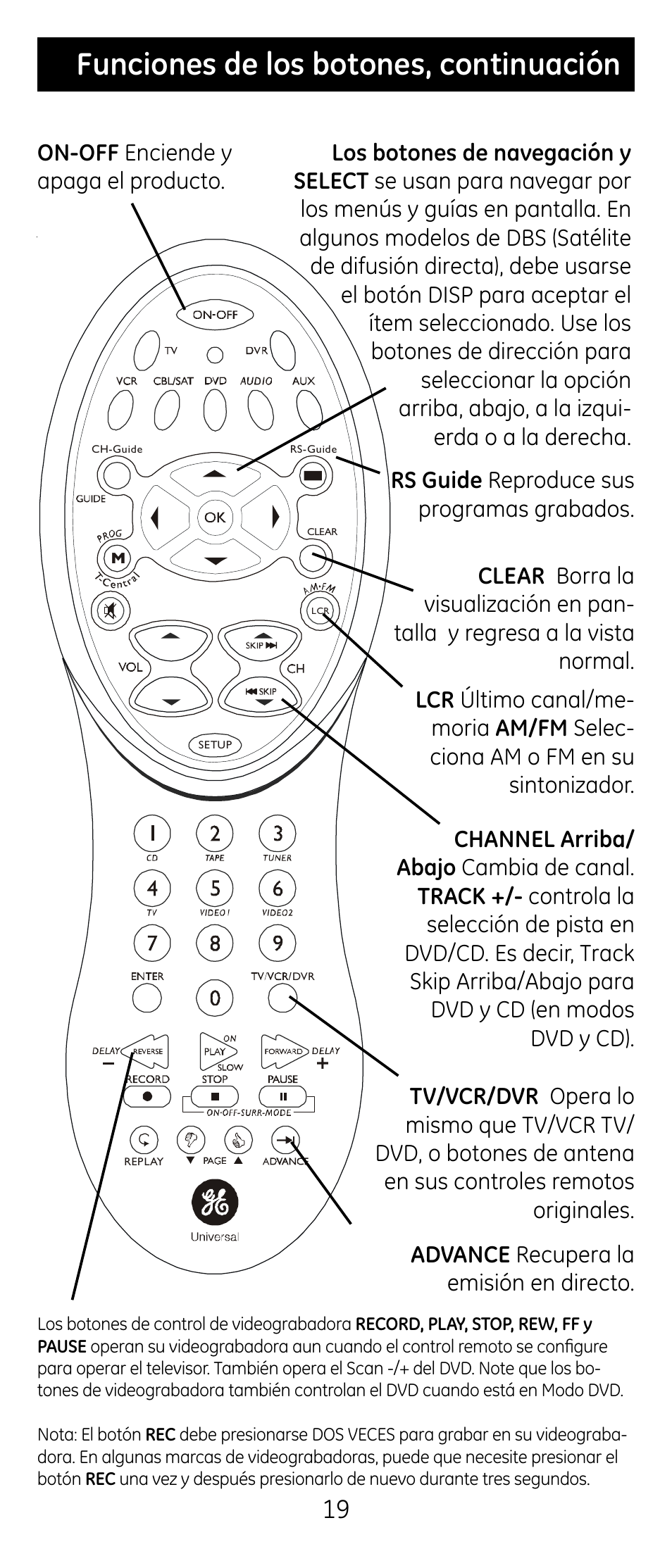 Funciones de los botones, continuación | GE RM24974 User Manual | Page 19 / 31