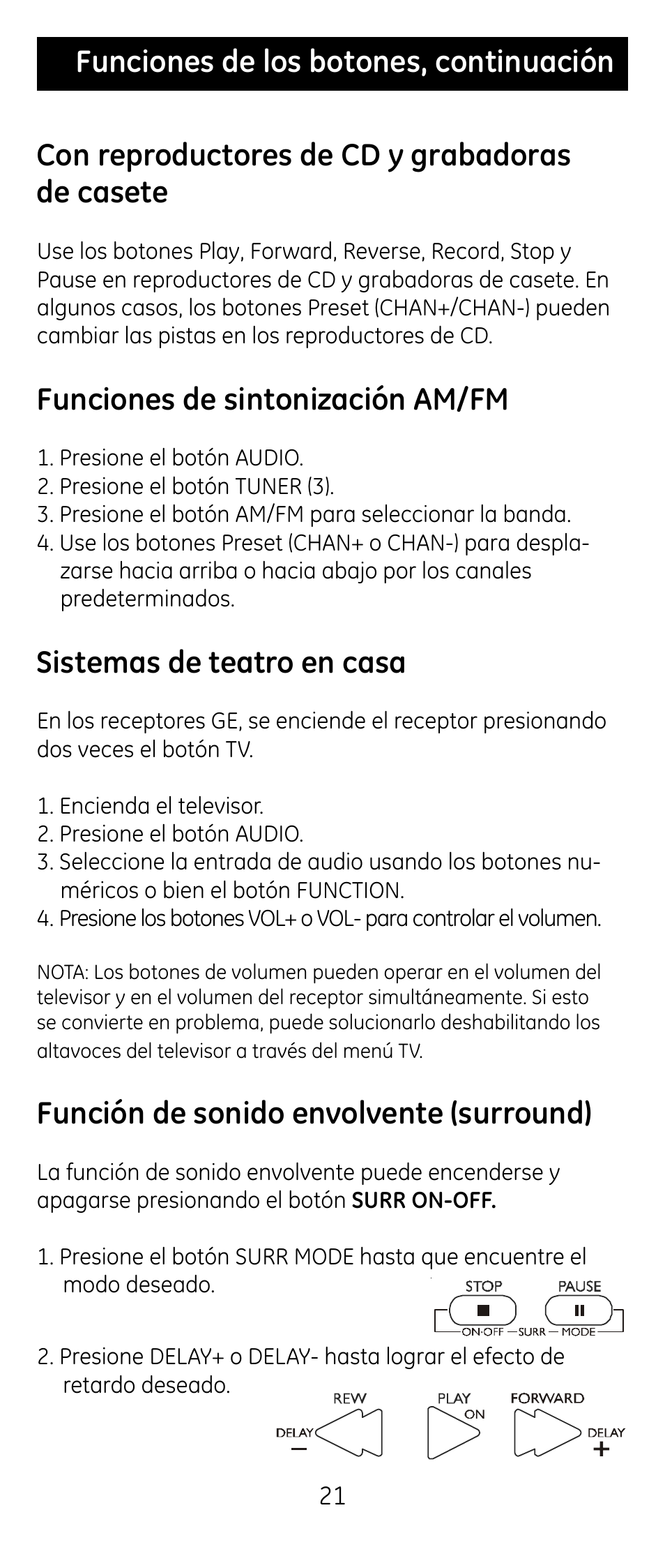 Funciones de sintonización am/fm, Sistemas de teatro en casa, Función de sonido envolvente (surround) | GE RM24974 User Manual | Page 21 / 31