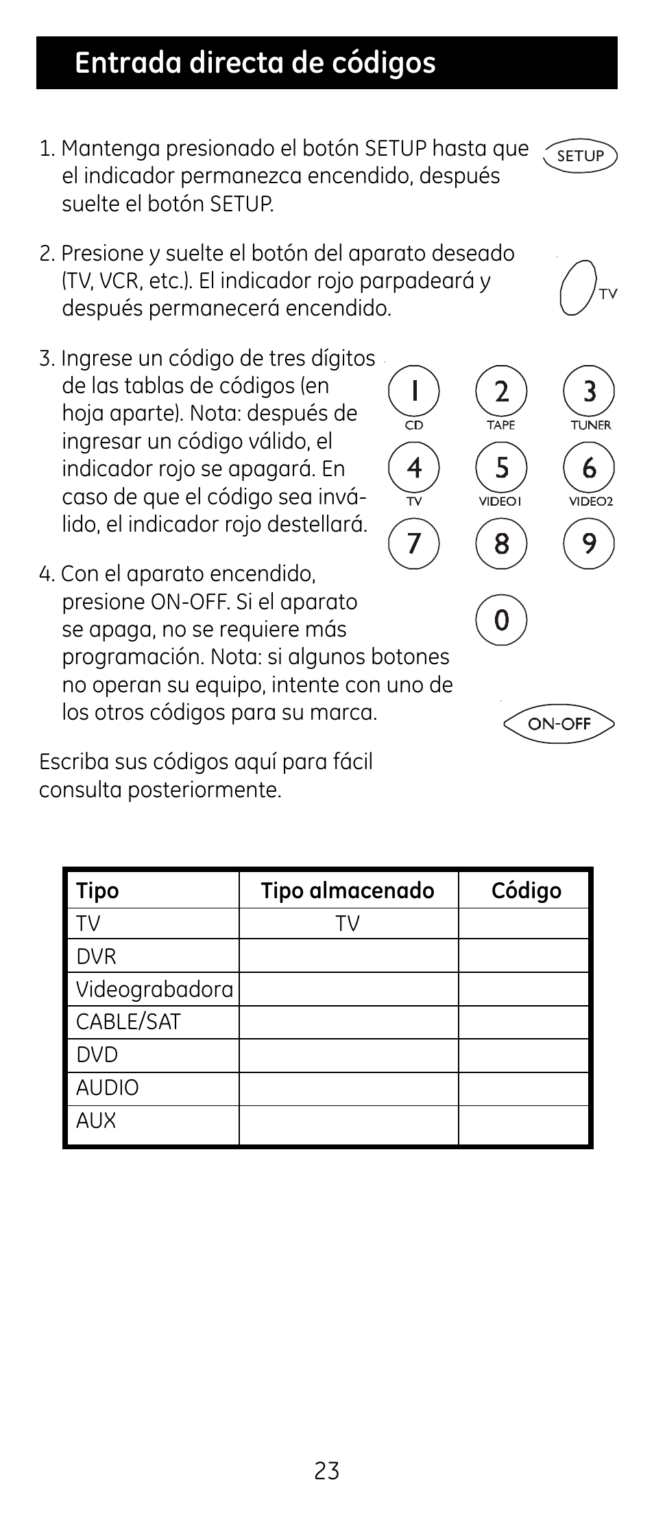 Entrada directa de códigos | GE RM24974 User Manual | Page 23 / 31