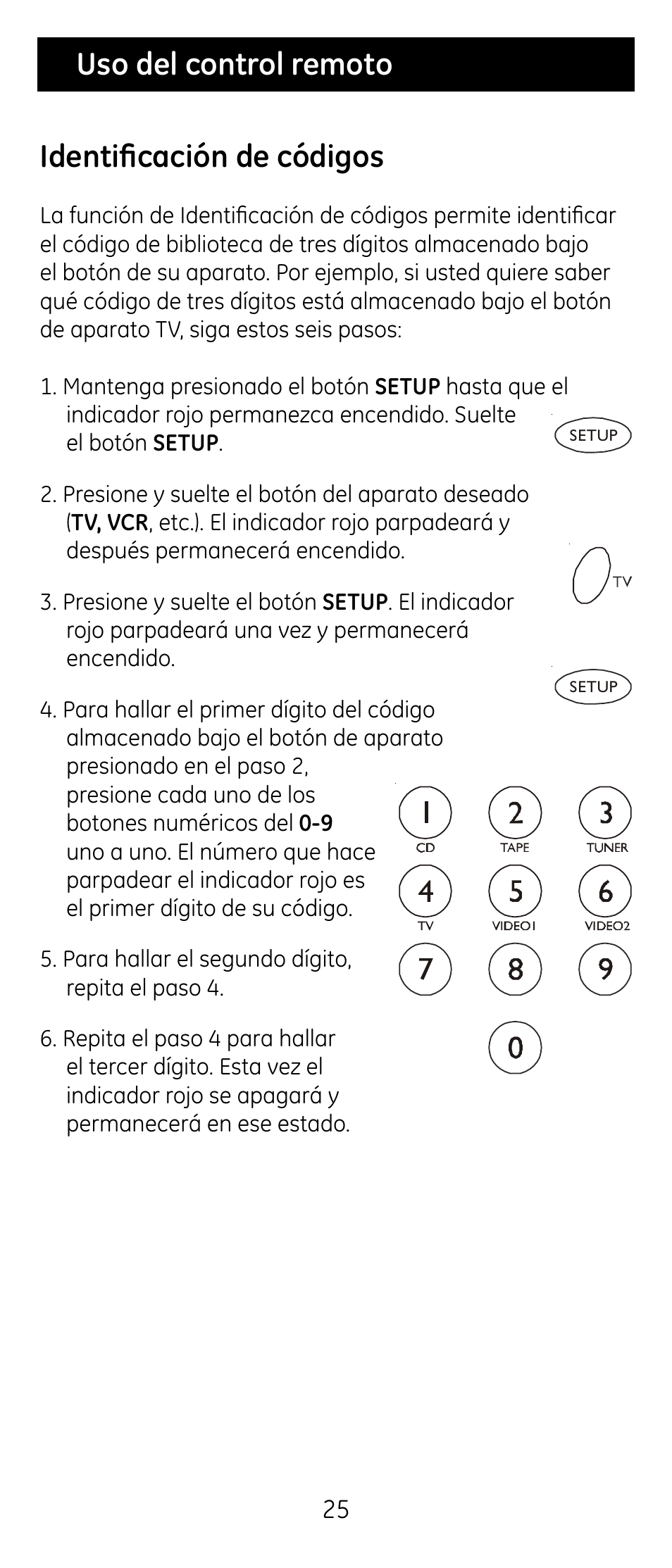 Uso del control remoto, Identificación de códigos | GE RM24974 User Manual | Page 25 / 31