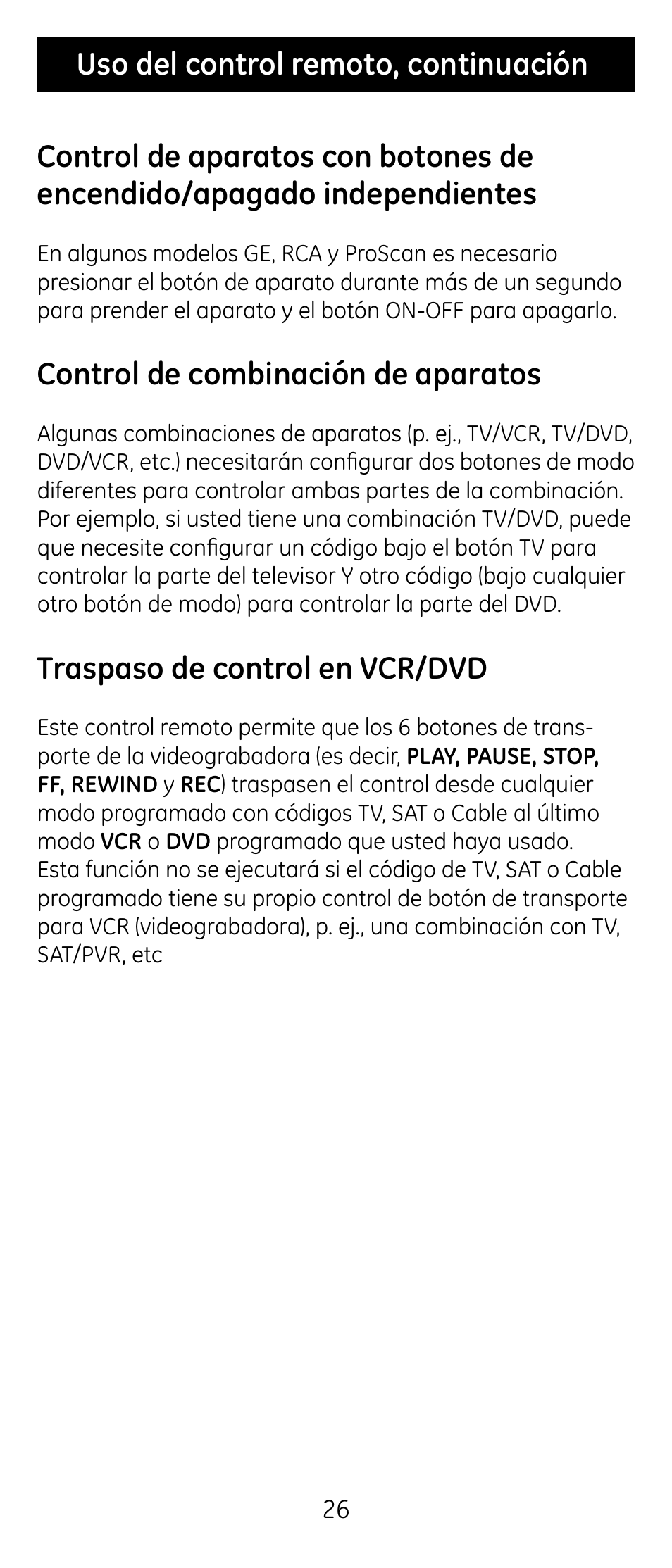 Control de combinación de aparatos, Traspaso de control en vcr/dvd | GE RM24974 User Manual | Page 26 / 31