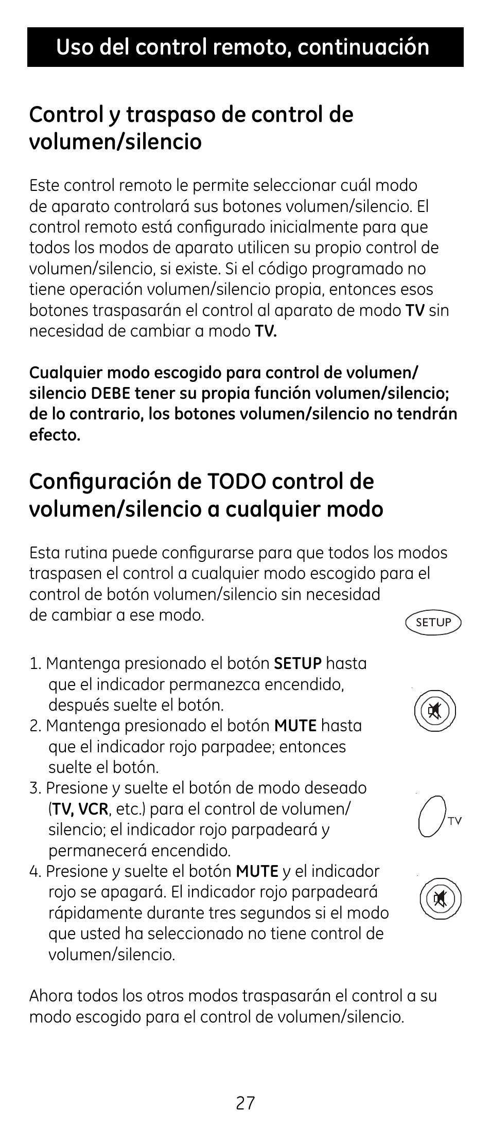 Uso del control remoto, continuación, Control y traspaso de control de volumen/silencio | GE RM24974 User Manual | Page 27 / 31