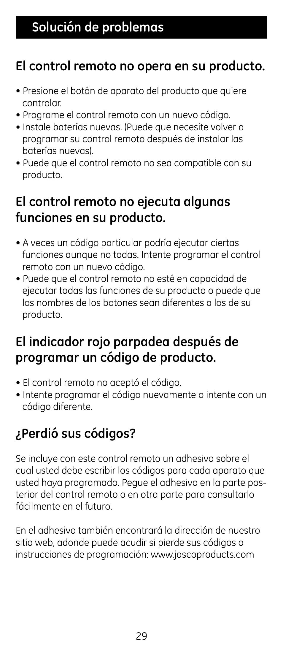 Perdió sus códigos | GE RM24974 User Manual | Page 29 / 31