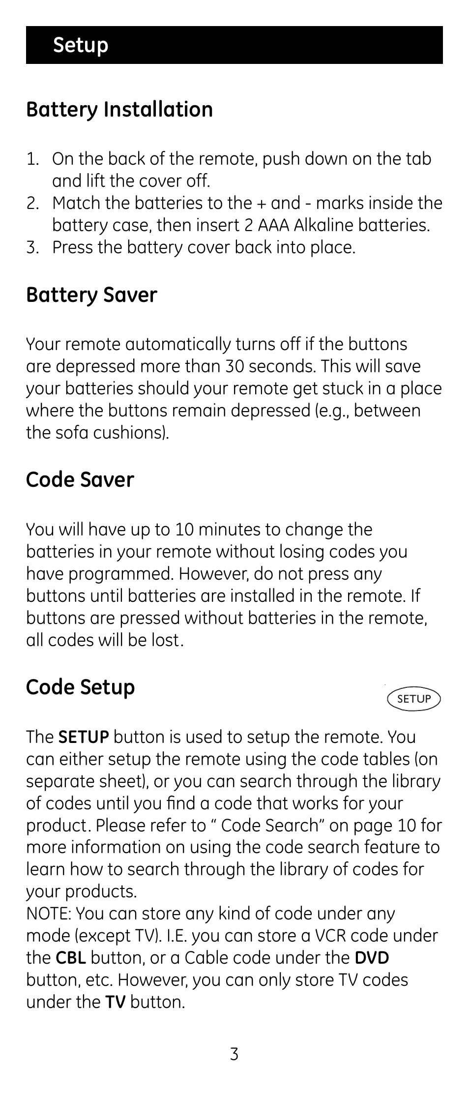 Battery installation, Battery saver, Code saver | Code setup, Setup | GE RM24974 User Manual | Page 3 / 31