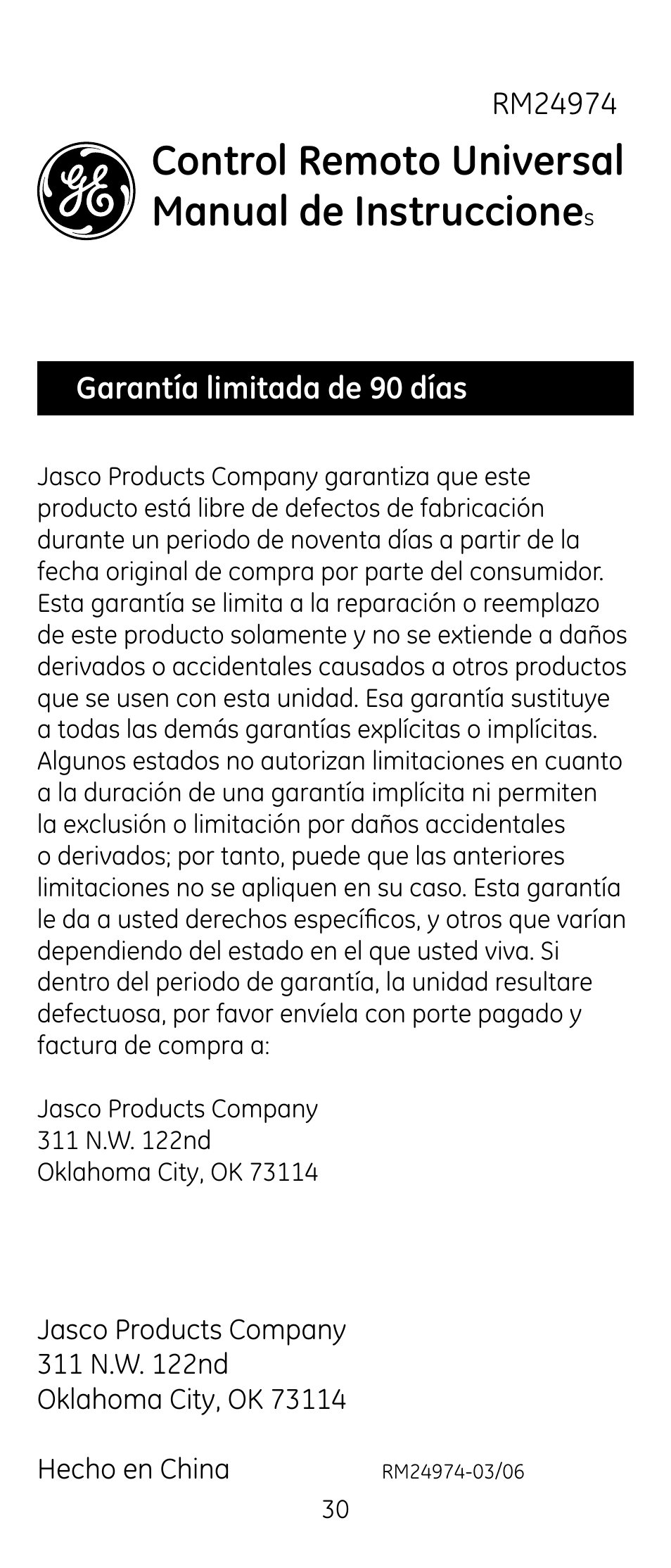 Control remoto universal manual de instruccione | GE RM24974 User Manual | Page 30 / 31