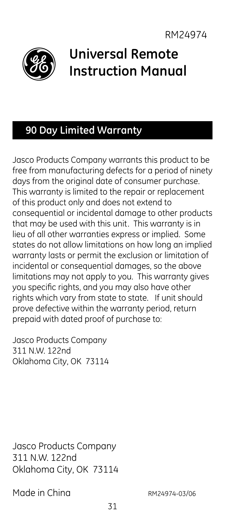 Universal remote instruction manual | GE RM24974 User Manual | Page 31 / 31