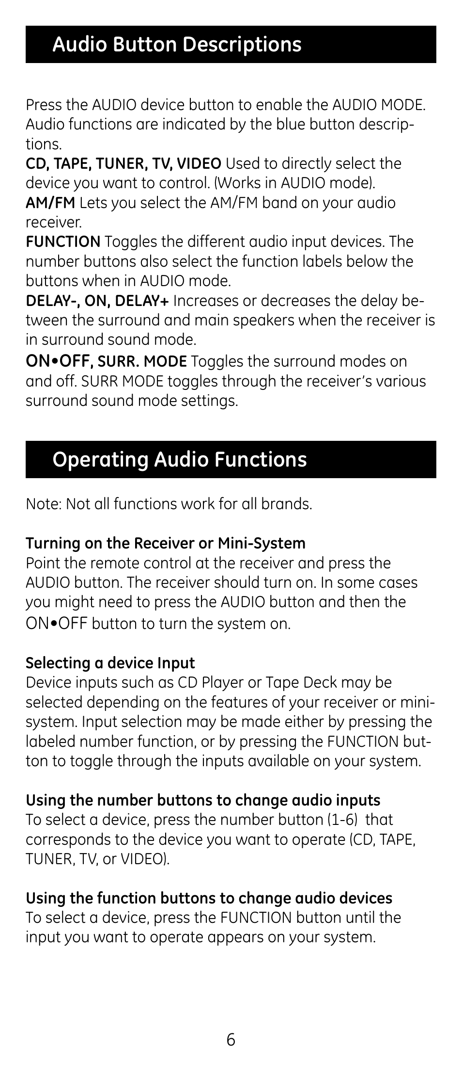 Operating audio functions, Audio button descriptions | GE RM24974 User Manual | Page 6 / 31