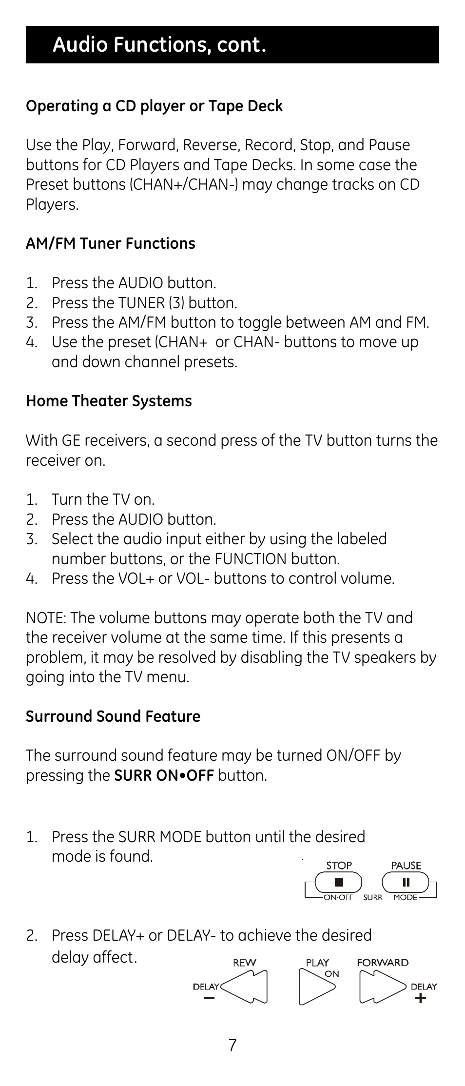 Audio functions, cont | GE RM24974 User Manual | Page 7 / 31