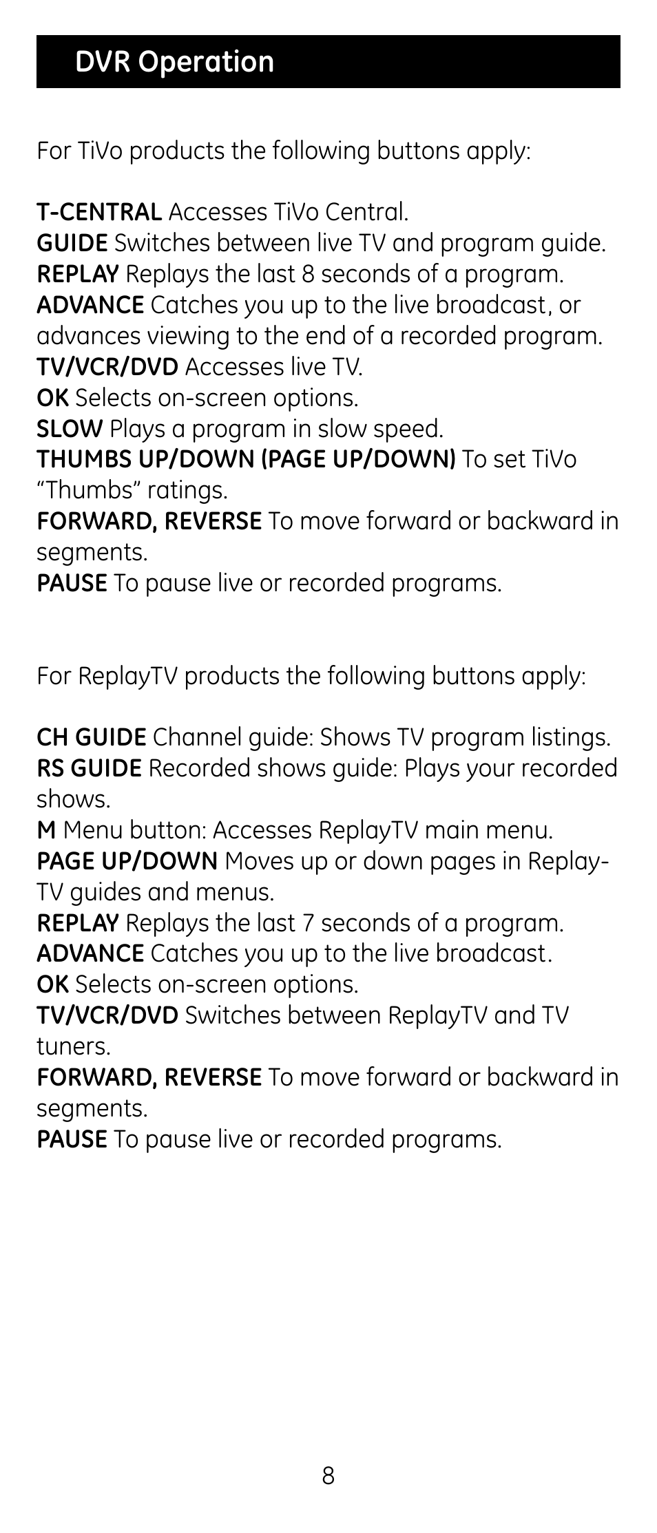 Dvr operation | GE RM24974 User Manual | Page 8 / 31