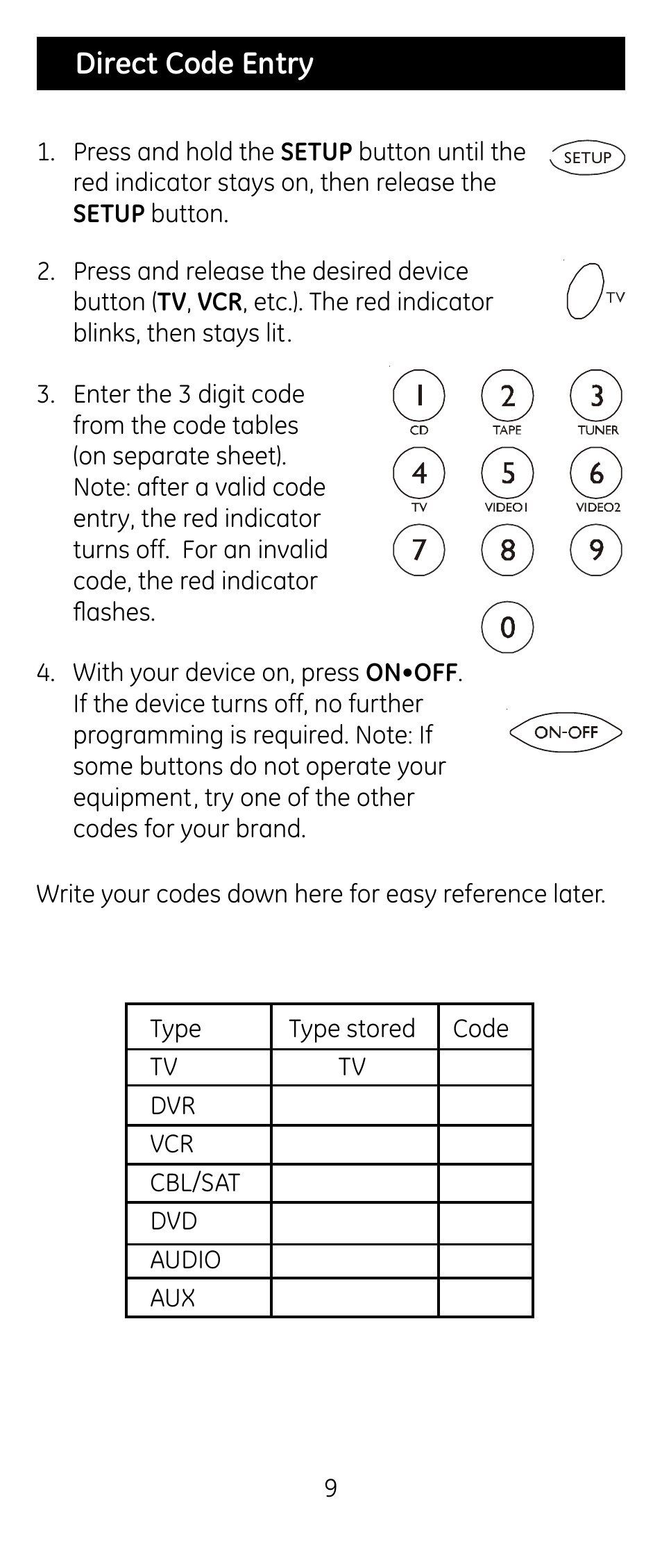 Direct code entry | GE RM24974 User Manual | Page 9 / 31