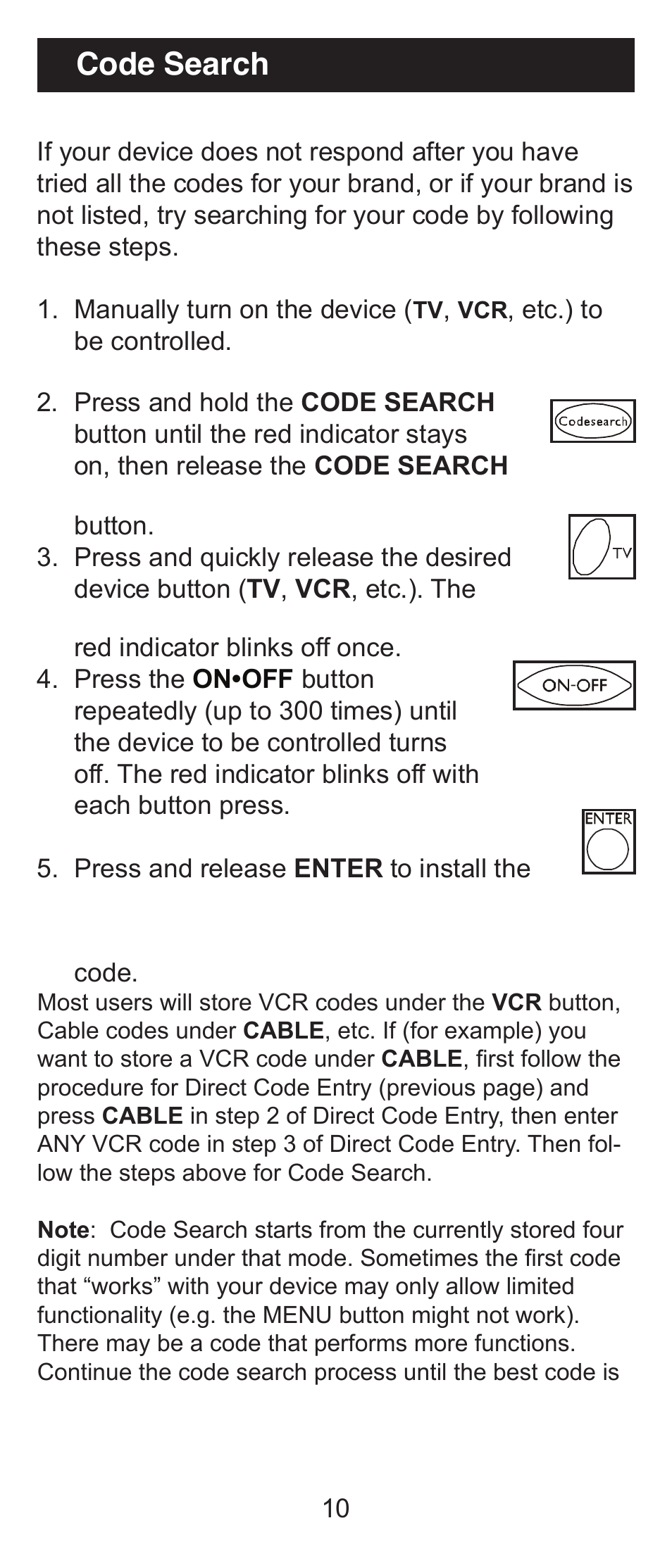 Code search | GE 24970 GE Universal Remote User Manual | Page 10 / 18