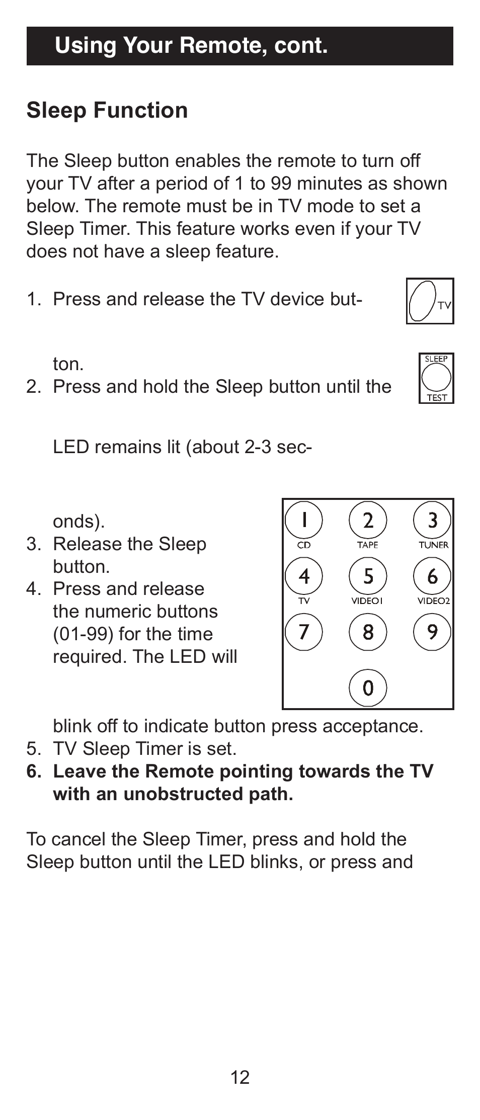 Using your remote, cont. sleep function | GE 24970 GE Universal Remote User Manual | Page 12 / 18