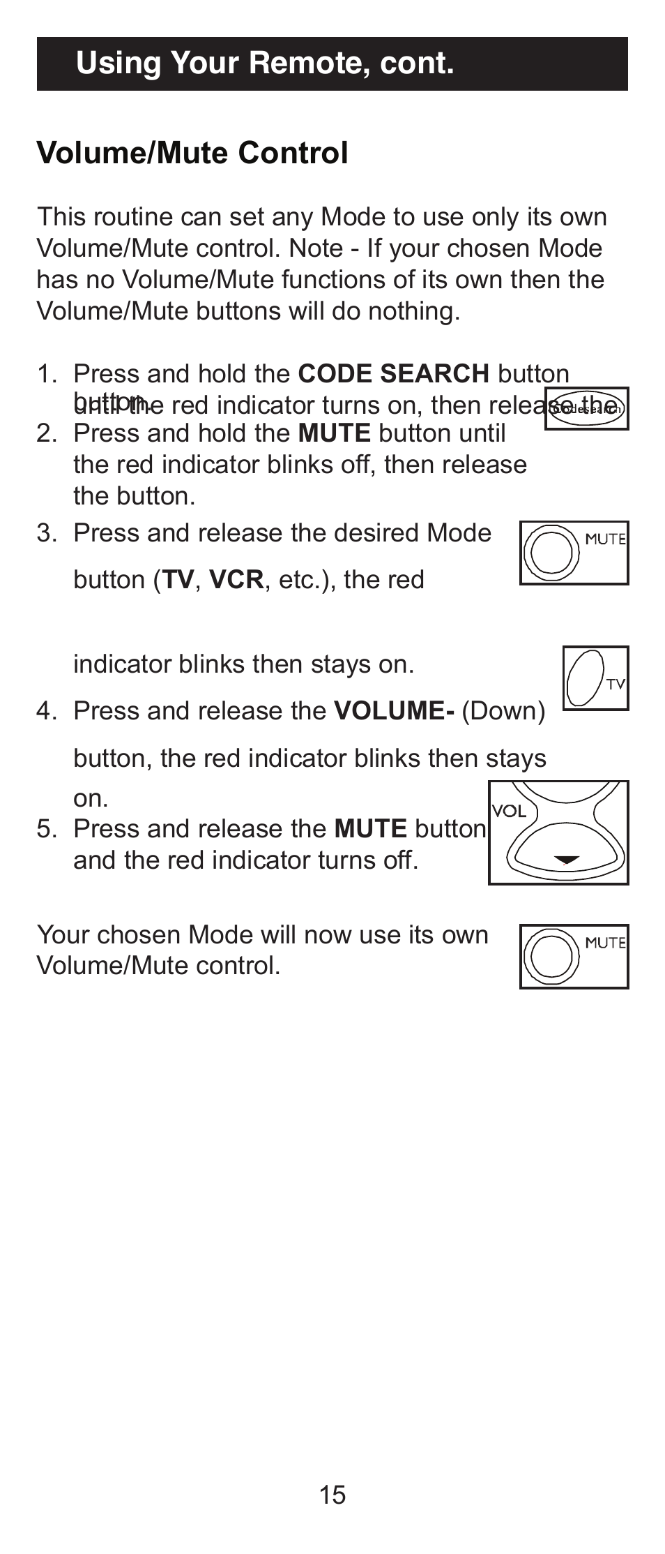Using your remote, cont. volume/mute control | GE 24970 GE Universal Remote User Manual | Page 15 / 18